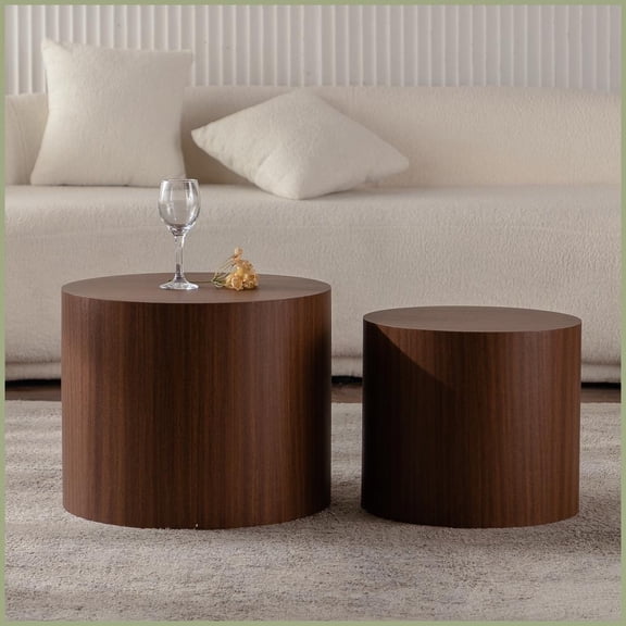 Space-Saving Nesting Round Wood-Look Coffee Table for Living Room - No Assembly Required