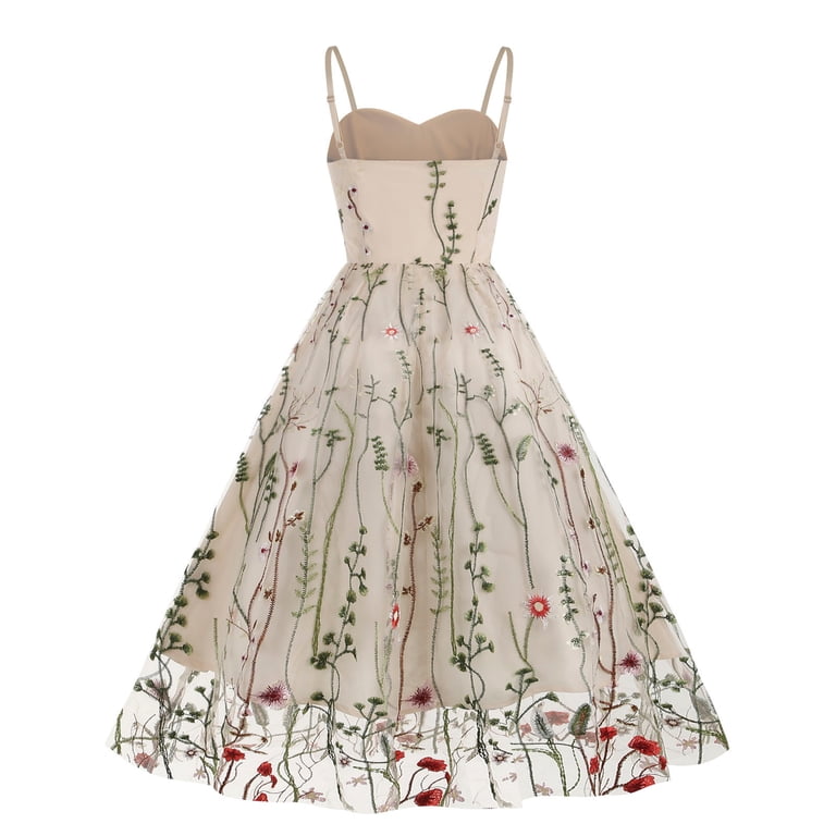 DeHolifer Women's Dresses Plus Size Suspender Embroidered Mesh Patchwork  Floral Printed V-Neck Sleeveless Party Dresses Beige 2XL - Walmart.com