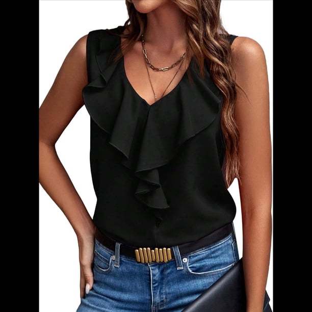 Blusas Sin Mangas con Volantes para Mujer, Elegantes, Informales, para Trabajo, Oficina, Cuello en V, de , Verano 2025. Negro M