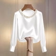 thumbnail image 4 of XAOFW Women's T-Shirts Long Sleeve Pearl Neckline Solid Color Elegant Satin T Shirt Everyday Wear Loose Fit Tee Shirts Outdoor Activities Comfortable Stylish Top, 4 of 4