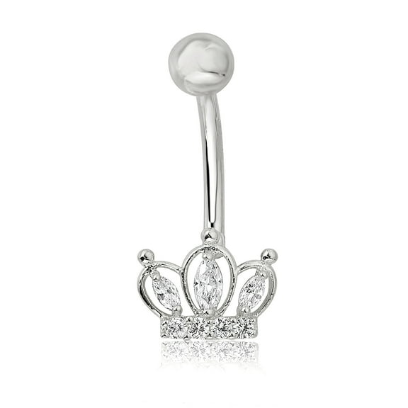 AVORA 10K White Gold Simulated Diamond CZ Tiara Crown Belly Button Ring Body Jewelry (14 Gauge)