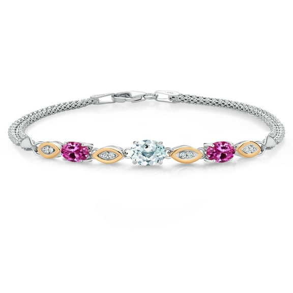 925 Silver and 10K Yellow Gold Sky Blue Aquamarine and Pink Created Sapphire and White Lab Grown Diamond Bracelet for Women (1.81 Cttw, Gemstone March Birthstone, Oval, Wheat Chain, 7 inches)
