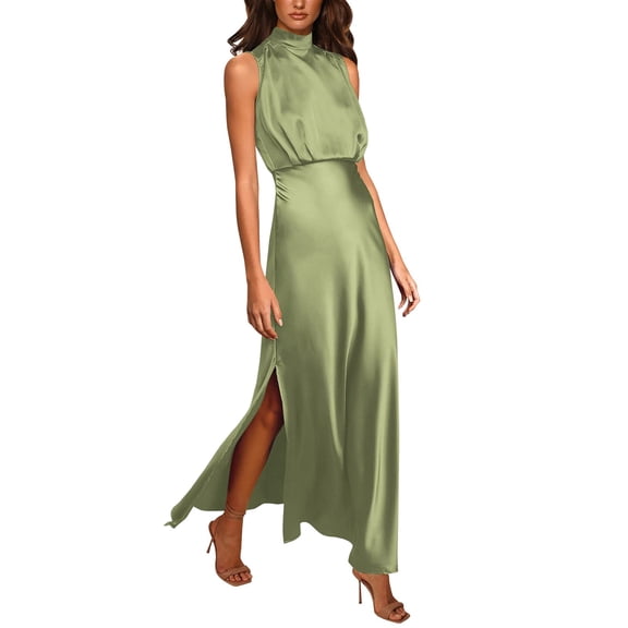 Prolriy Cocktail Dresses for Women Summer Long Formal Satin Dress Mock Neck Sleeveless Side Slit Flowy Maxi Tank Dresses Prom Dresses 2024 Womens Dresses Green XL