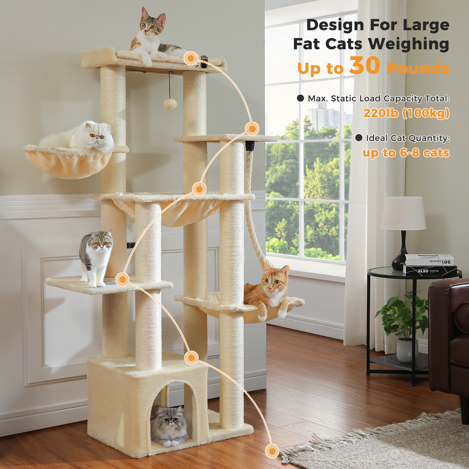 PEQULTI 67" Maine Coon Cat Tree Large Cat Tower for Indoor Cats with 8 Thick Scratching Post Beige