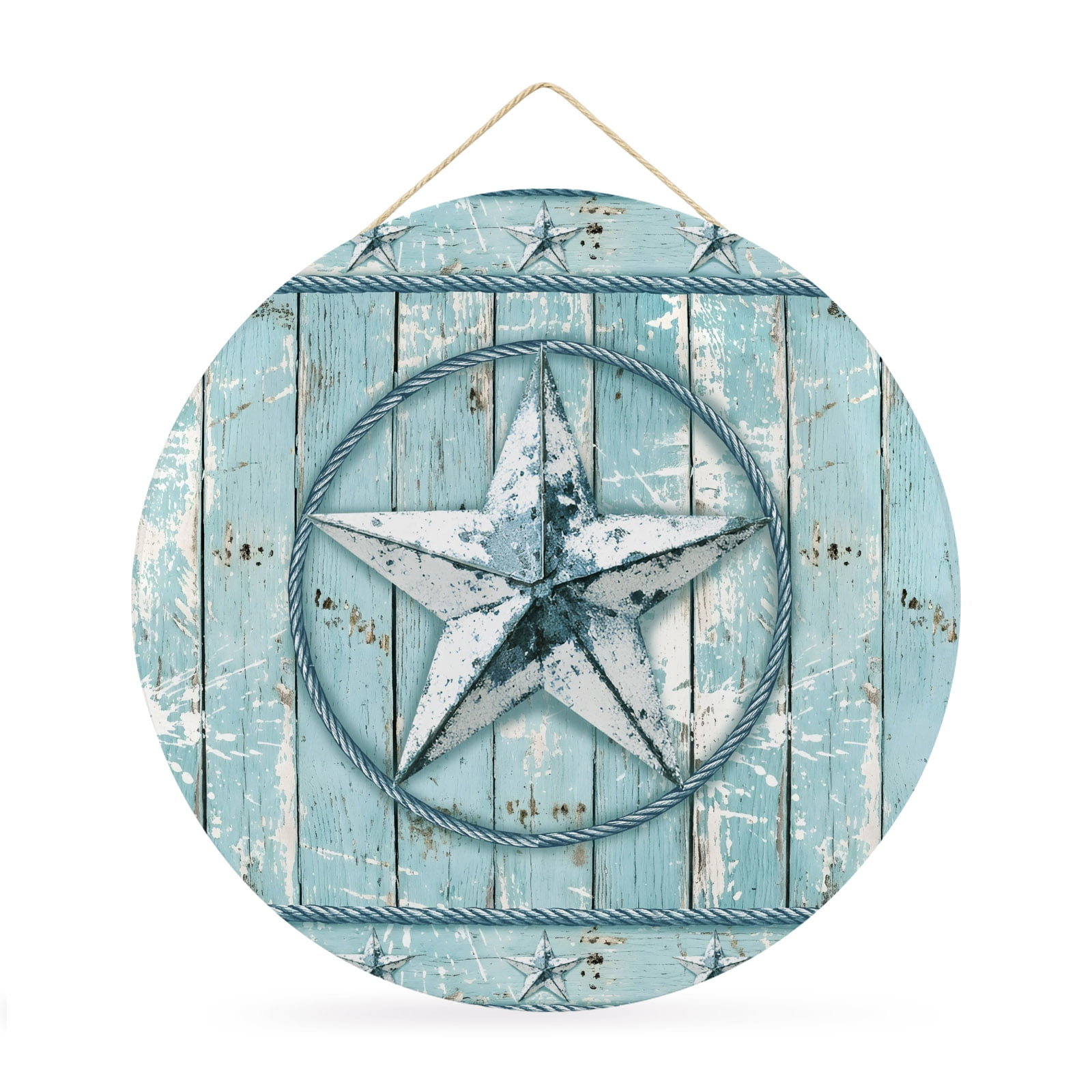 Welcome Sign Front Door Decorations Farmhouse Stars Round Wall Art Outdoor Metal Wreaths Vintage Country Teal Blue Wooden Grain Seasonal Hanging Sign for Home Porch Decor Warming Gift 12 In
