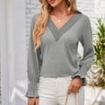 thumbnail image 4 of ATOYSOY V Neck Pullovers Loose Lace Crochet Shirts for Women Casual Elegant Cotton Linen Outwear Fall Patchwork Tops Ruffle Long Sleeve Business Tees Trendy Clearance Gray L, 4 of 8