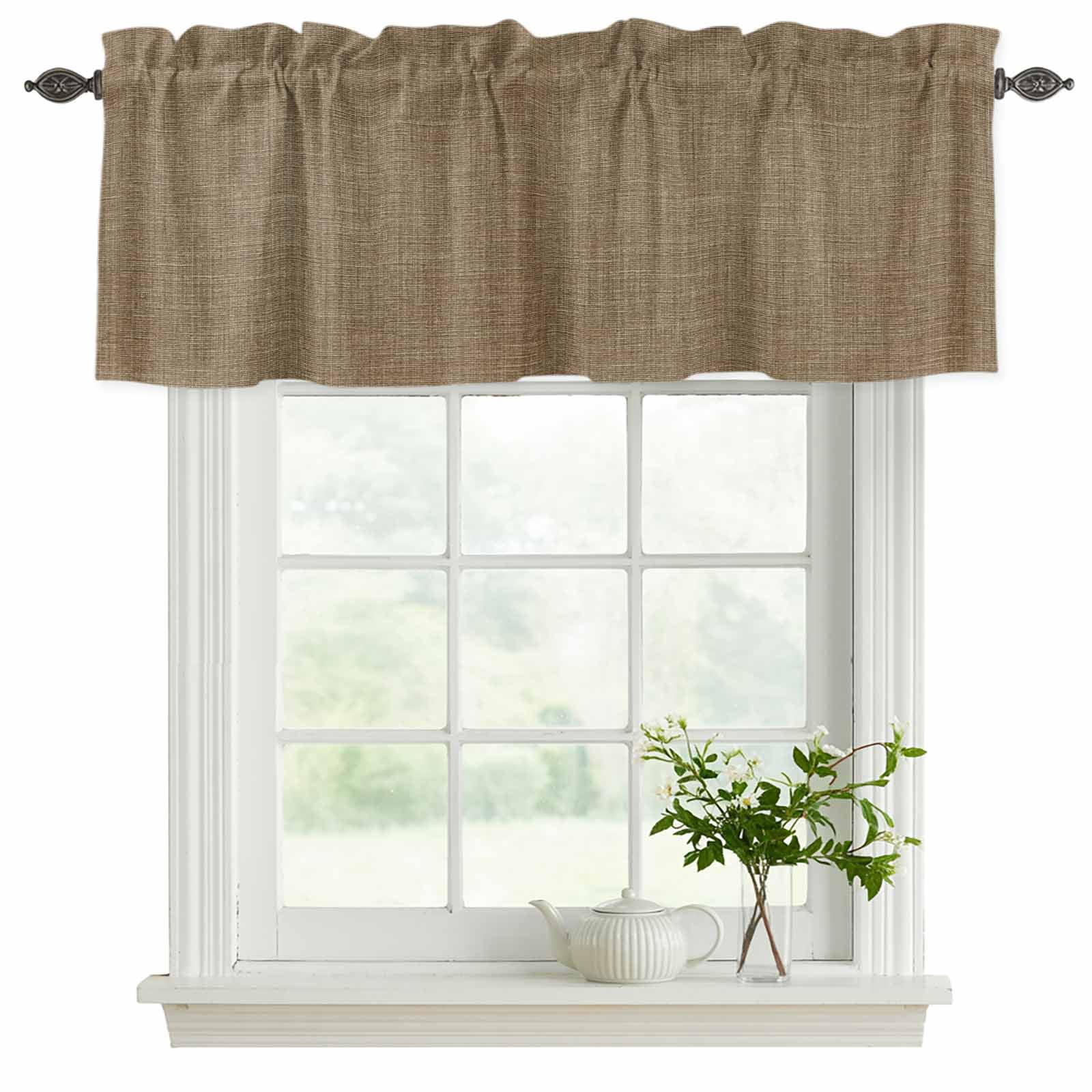 2 Pack Valances for Windows, Vintage Brown Window Valances for Living Room/Bedroom/Bathroom, Farmhouse Retro Dark Solid Color Linen Texture Light Filtering Kitchen Curtain Valance 42"W x12" L