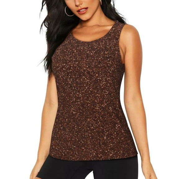 Hirioo Dark Brown Glitter for Women's Workout Tank Top Sleeveless Workout Tops Athletic Gym Shirts-Small