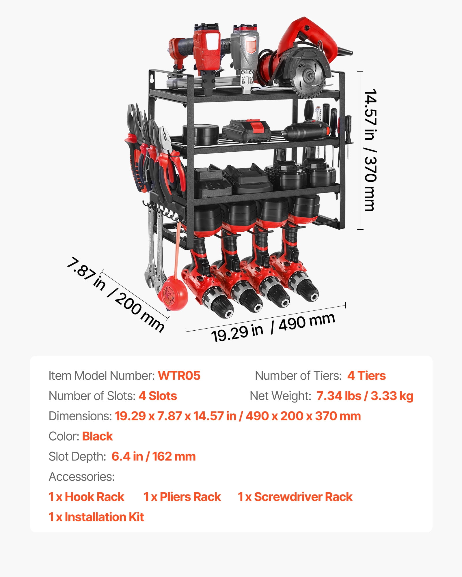 VEVOR Power Tool Organizer Wall Mount, 4-Layer Storage Rack with 4 Drill Holders, Tools Holder and Storage Rack with Screwdriver Holder, Garage Tool Organizer for Garage, Workbench, and Workshop