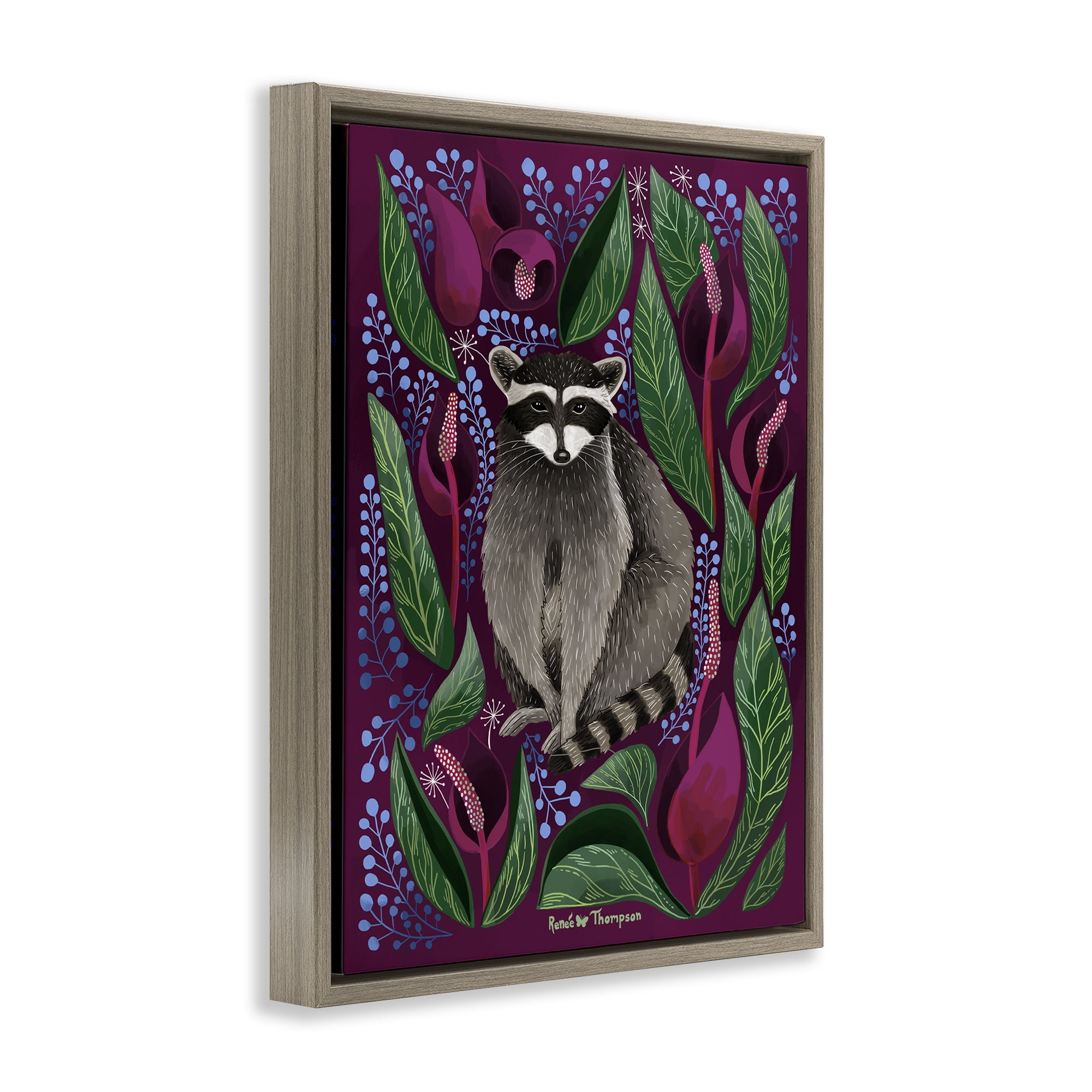 Stupell Industries Raccoon & Cabbage Leaves Animals Painting Brown Floater Framed Canvas Art Print Wall Art, 17 x 21