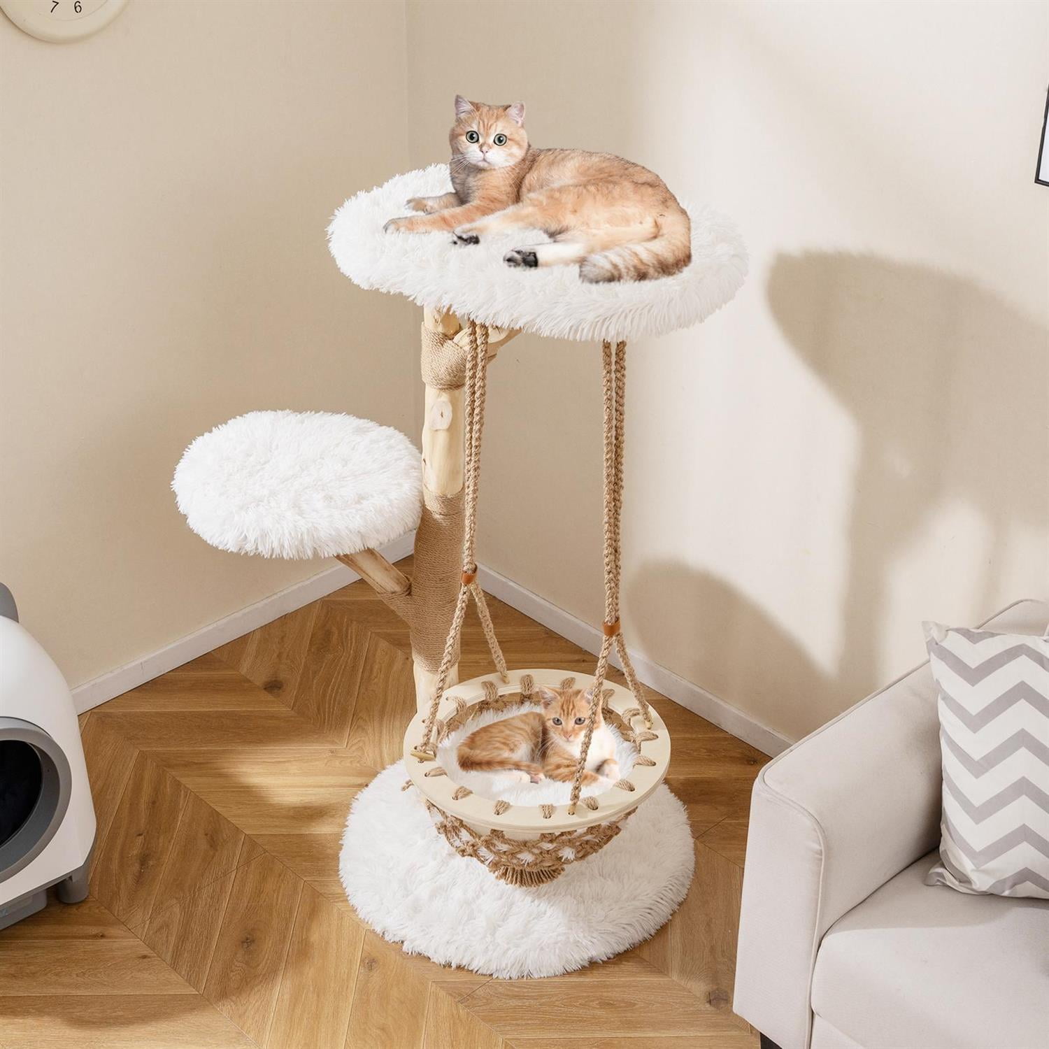 Pefilos 48.5" Solid Wood Cat Tree, Hanging Cradle & Jute Scratching Post, Top Perch & Anti-Toppling, Gray