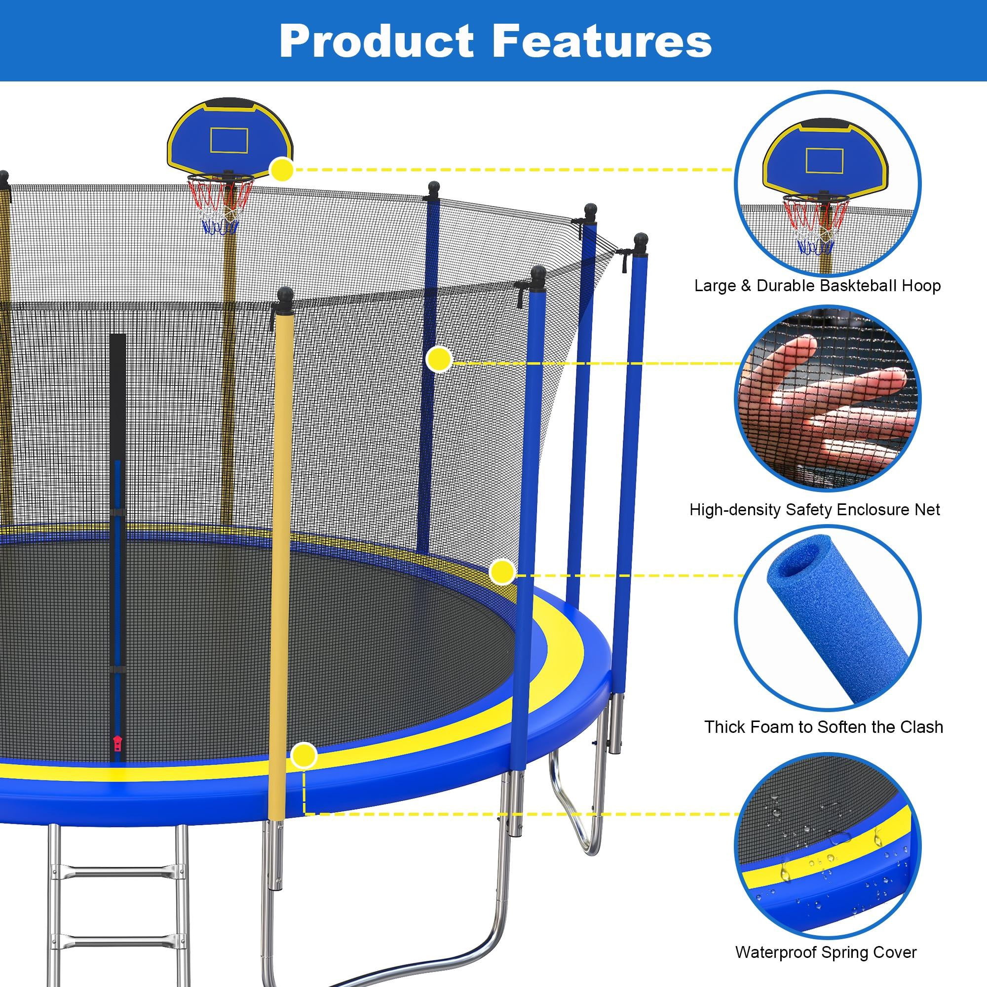 16ft Trampoline for Kids with Basketball Hoop and LED Lights, SEGMART Upgraded Kids Outdoor Trampoline with Enclosure Net and Ladder, Heavy Duty Recreational Trampoline for Indoor Outdoor Backyard