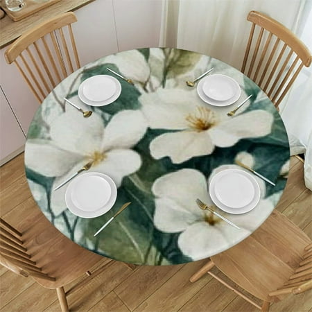 

SHERONV White Flowers Green Leaves Round Tablecloth Stain-Resistant Washable for Indoor Outdoor Restaurants Weddings Parties 100% Polyester for Picnic Dining Kitchen Farmhouse Home 42 -46