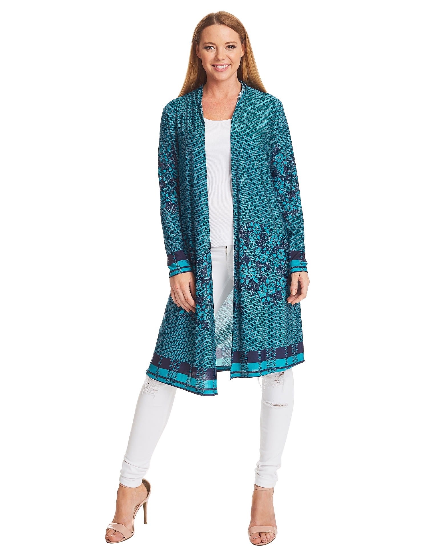 Made by Johnny MBJ WSK1334 Womens Print Long Sleeve Open Front Long Cardigan L Jade_Navy