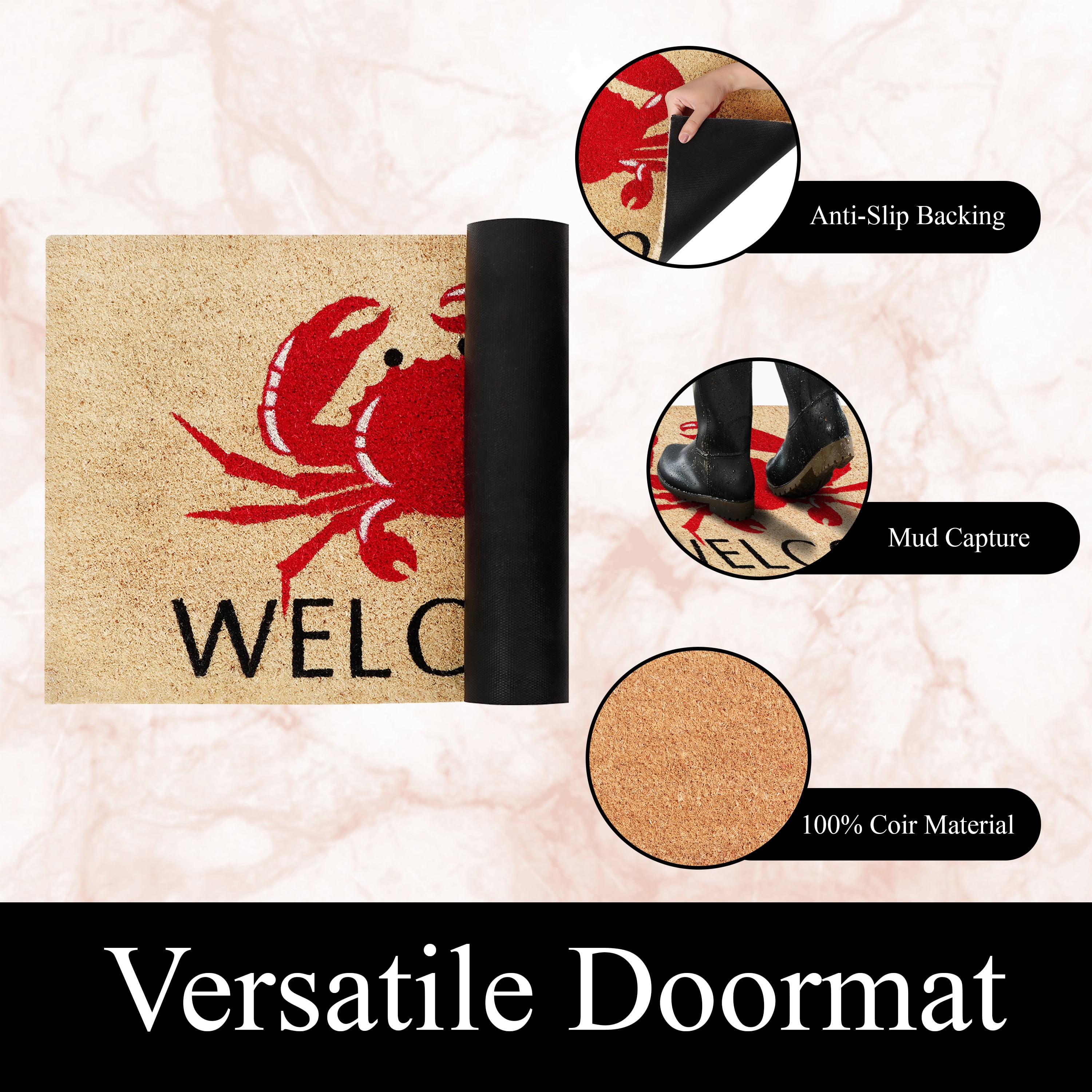 A1HC Natural Coco Coir Doormat, Red Crab Welcome, 18"x30", Durable Outdoor Welcome Mat, Non-Slip, Easy to Clean, Pet Friendly