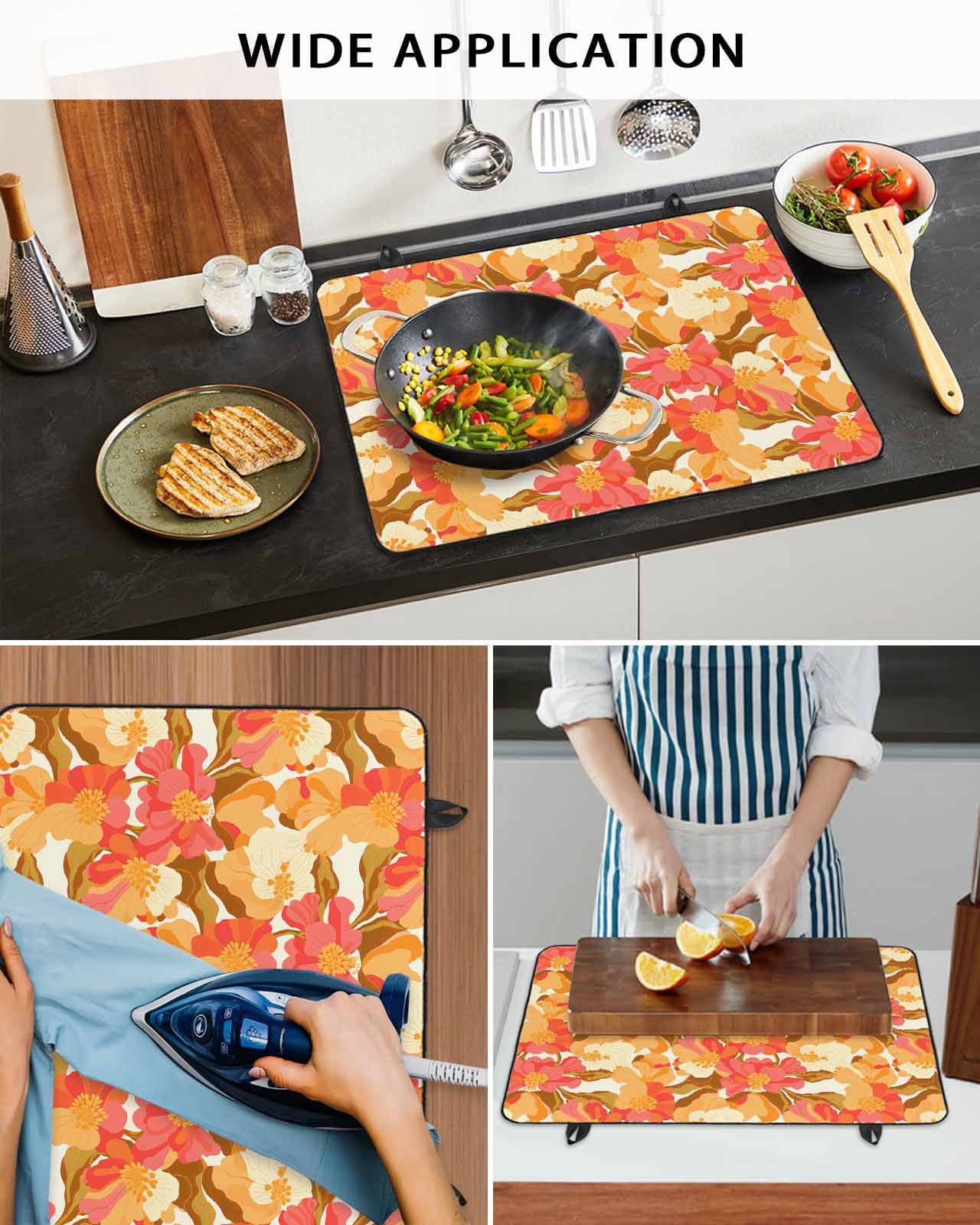 nqOlkjepod Large Induction Cooktop Protector Mat 24"x21", Yellow Flowers Stove Top Covers for Electric Stove, Orange Botanical Floral Country Retro Stove Burner Cover Mats, Glass Top Stove Cover