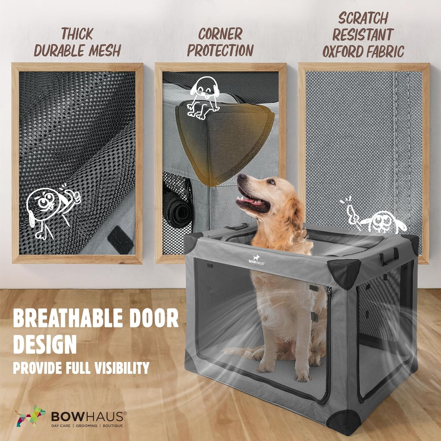 BOWHAUS 36 Inch Portable Travel Dog Kennel for Medium Dogs with Durable Mesh Windows and 2 Storage Pockets, Indoor & Outdoor for Car, Soft-Sided Collapsible Dog Crate with 4 Breathable Mesh Door
