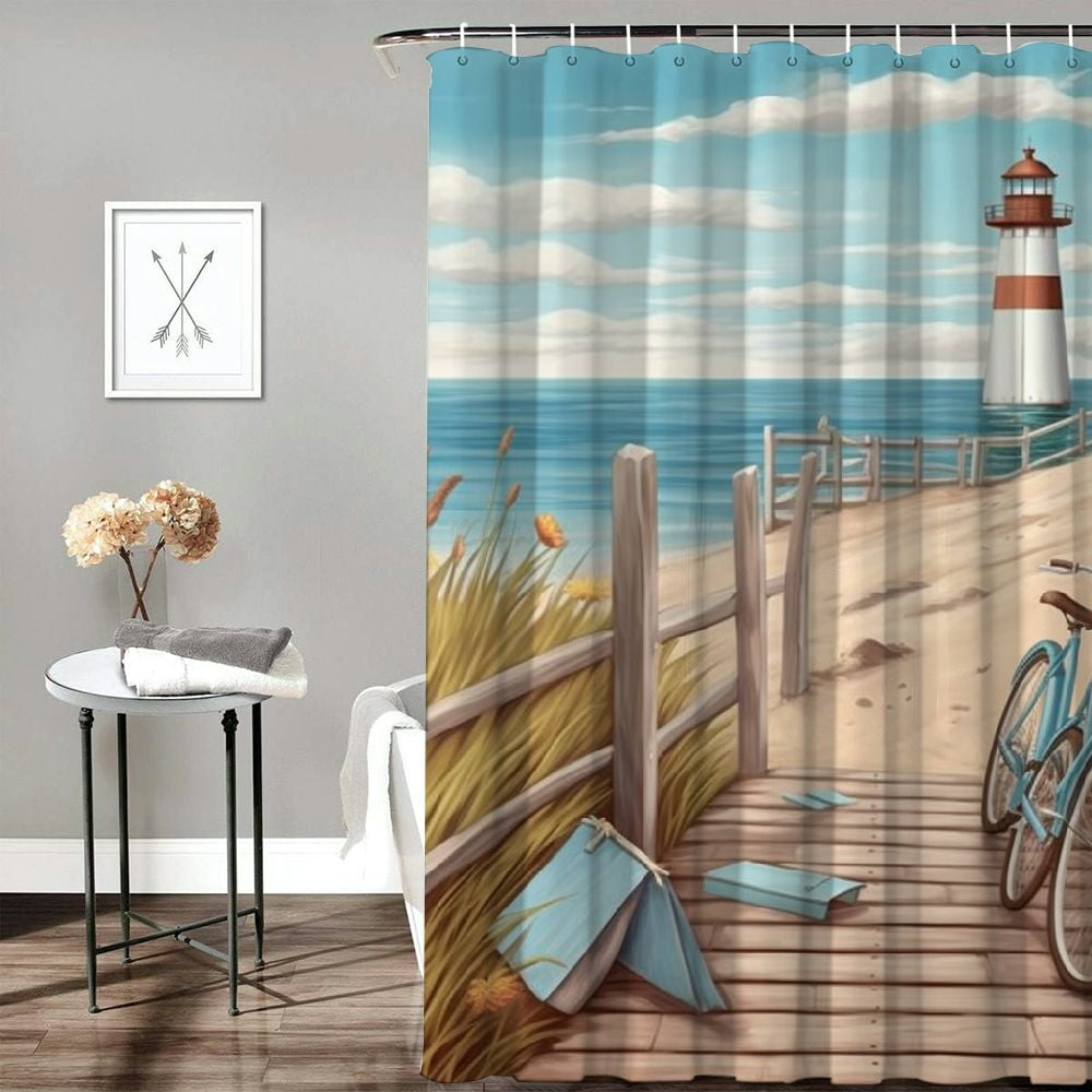 Pratyus Beach Lighthouse Bike Shower Curtain Waterproof Bath Decor Set with Hooks, Kids Bathroom Decor 100% Polyester Washable Curtain, Various Sizes 60"x72