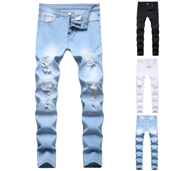RYDCOT Men's Ripped Distressed Destroyed Jeans Straight Fit Slim Fit Washed Skinny Denim Pants Light Blue