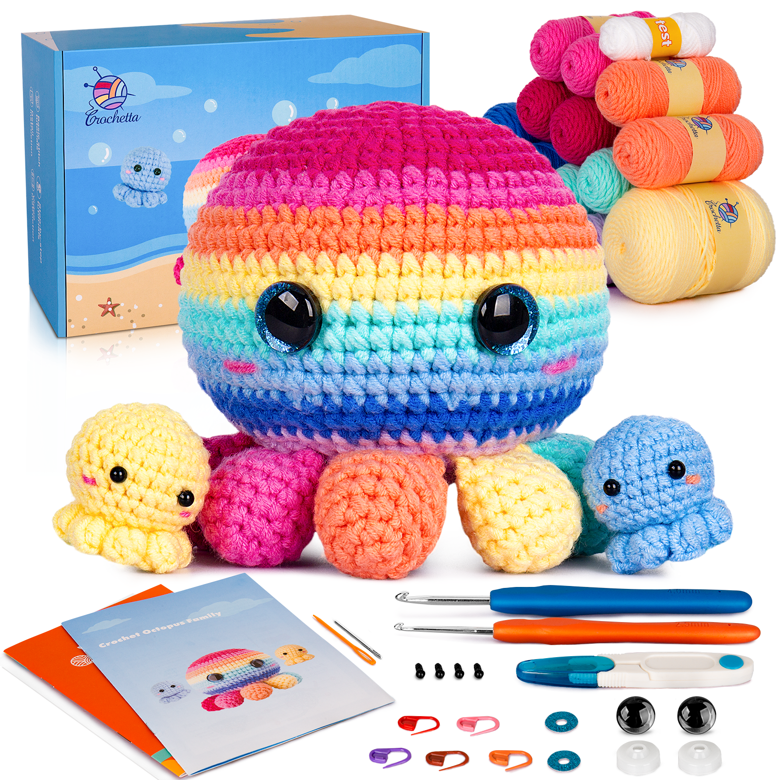 Crochetta Crochet Kit for Beginners, Crochet Kit Step-by-Step Video Tutorials, Crochet Starter Kit Learn to Crochet Kits for Adults Kids Beginners, Jumbo 3 Colorful Octopus Familly (40%+ Yarn Content)