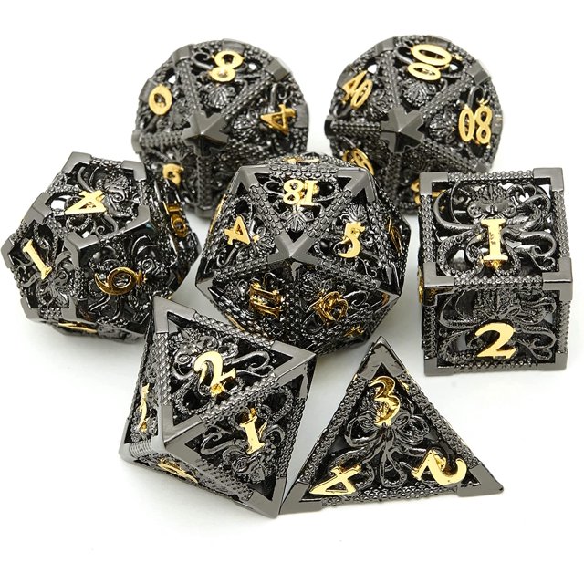 FrostHike Metal Dice Set Hollow Polyhedral Octopus Metal Dice Suitable 7Pcs Set for Dungeons and Dragons RPG MTG Table Games D&D Pathfinder Shadowrun and Math Teaching (Black Nickel Plus Gold)