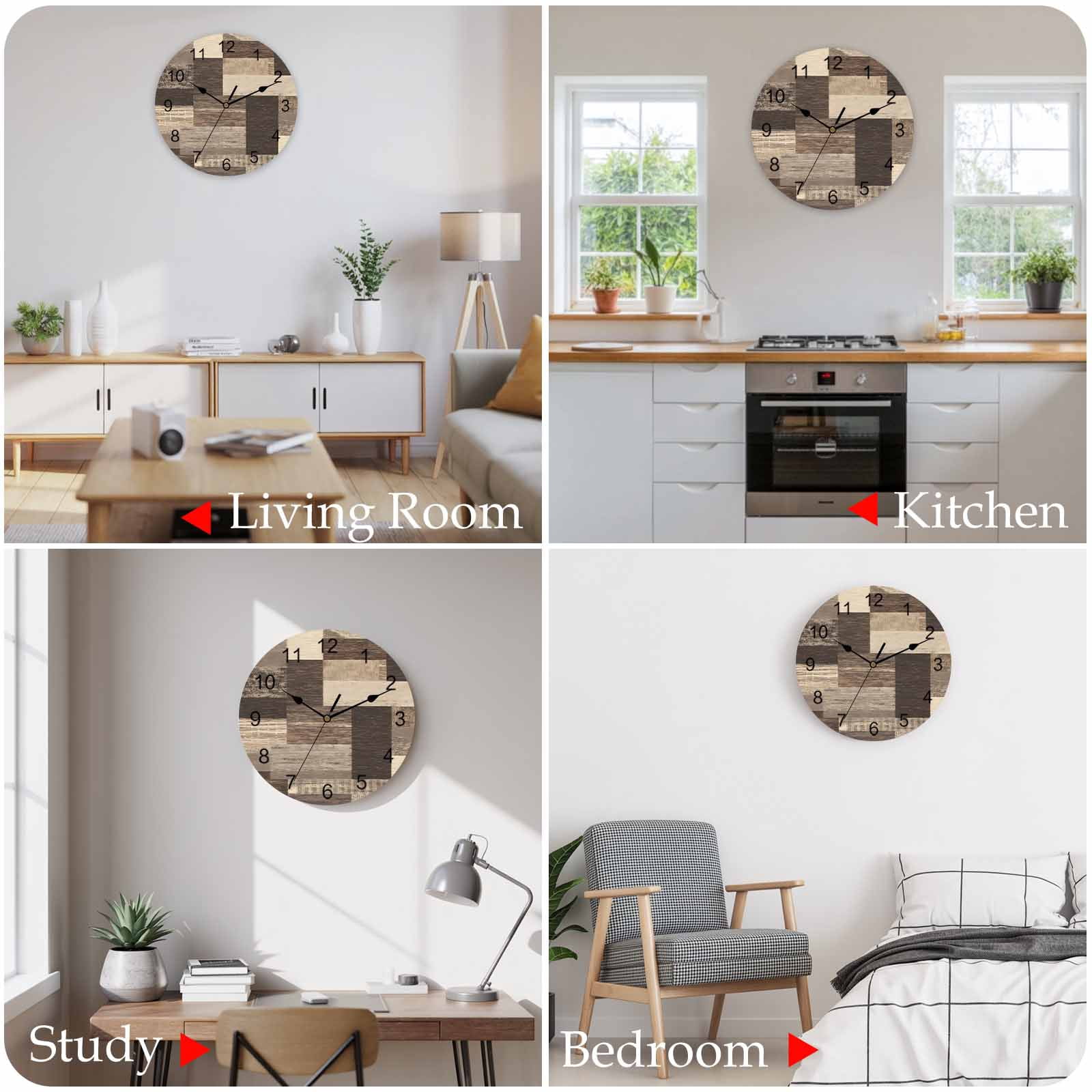 Wall Clock Rustic Brown Wood Plank Clocks PVC Silent Non-Ticking Battery Operated Decorative Farmhouse Collage Block Round Clock for Home Living Room Kitchen Bedroom Office School Wall Decor 14 Inch