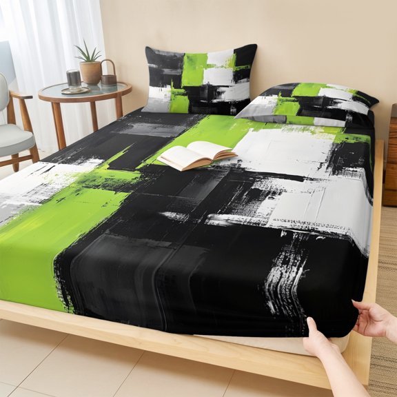 Full Size Fitted Sheet Set - Green Black White 3 Piece Bedding Sets 16" Deep Pocket Fitted Sheet with 2 Pillowcases Abstract Street Art Brush Strokes Brushed Microfiber Hotel Luxury Bed Sheets