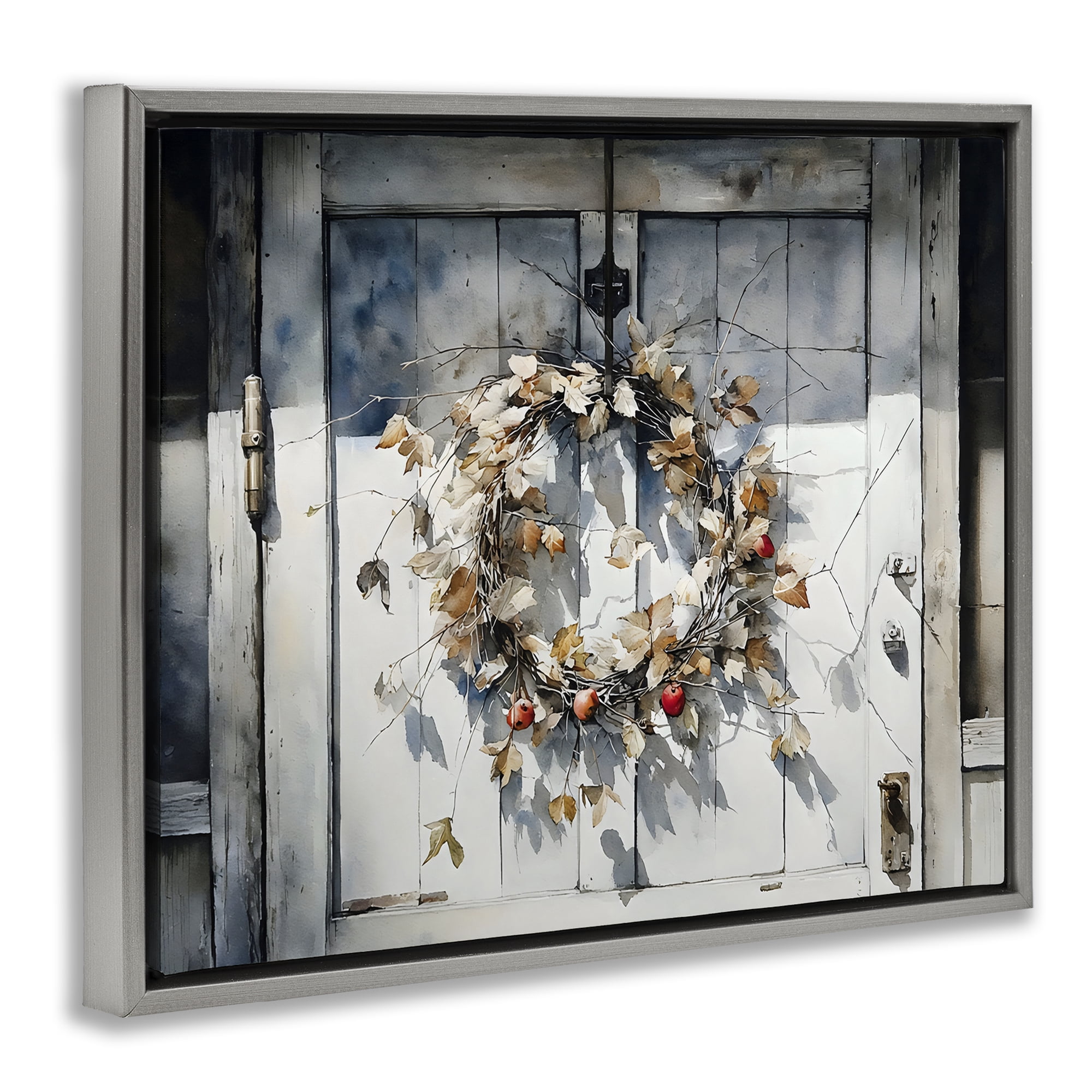 Stupell Industries Rustic Wreath on White Door Gray Framed Floater Canvas Wall Art, design by Franklyn Gregory