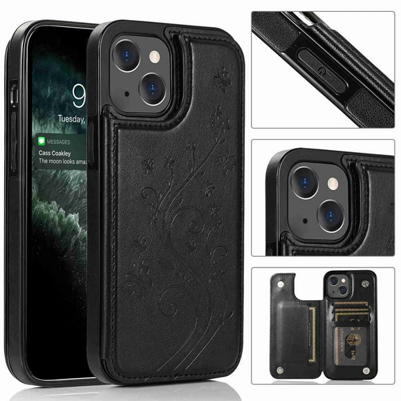 Dteck for iPhone 13 Wallet Case with Card Holder, Butterfly Flower Embossed Faux Leather Kickstand Card Slots Case, Handmade Shockproof Protective Slim Soft Flip Phone Case 2021 6.1", Black