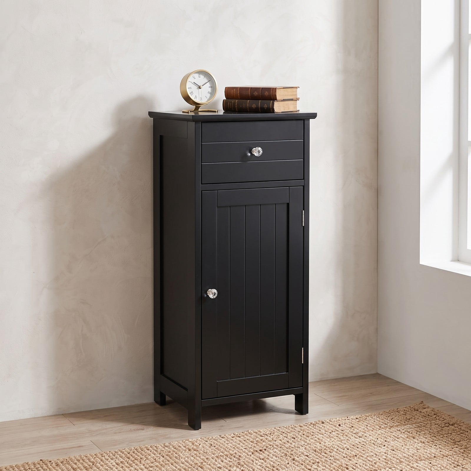 ALPULON Wooden Bathroom Floor Storage Cabinet with Drawer and Adjustable Shelf, Freestanding MDF Side Organizer for Bathroom Entryway Living Room, Black