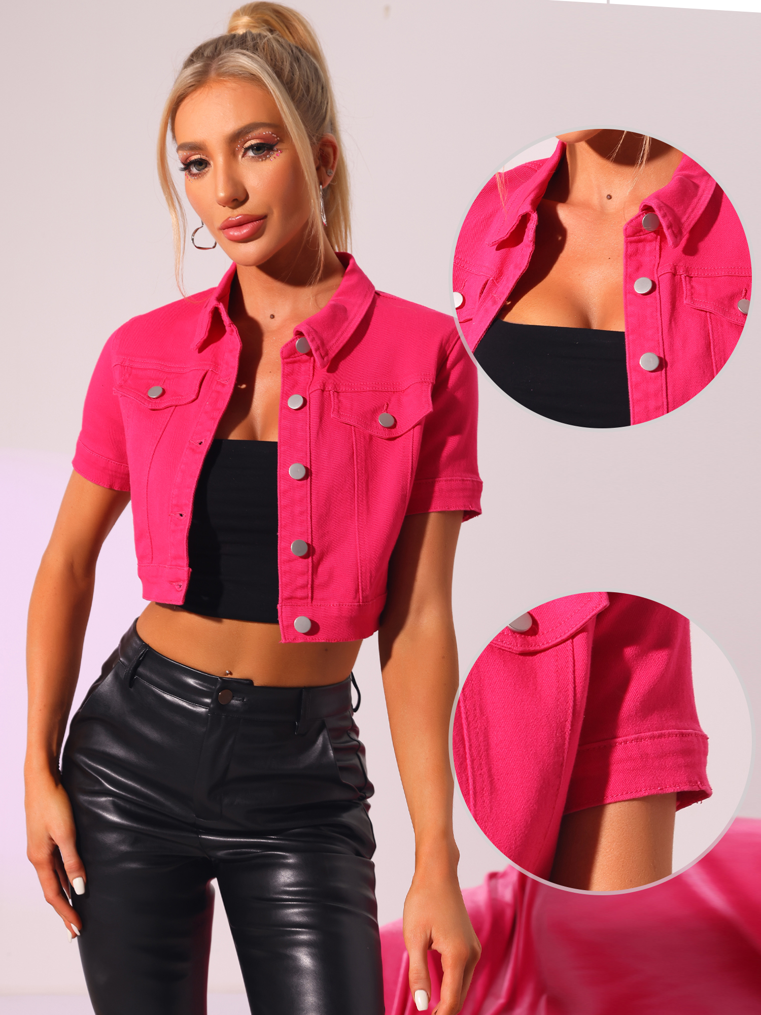 DARING DIVA Women's Short Sleeves Crop Button Down Denim Jacket XL Hot Pink