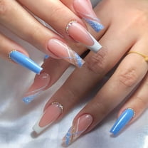 VANIDO White French Tips Long Coffin Press on Nails with Sparkly Curve Line Design, Glossy Blue Glitter False Nails Gel Glue on Nails, Rhinestones Acrylic Fake Nails Stick on Nails for Girls