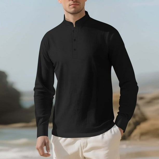 pstuiky manga larga de hombre, Cárdigan informal de color liso con botones y mangas largas para hombre con cuello alto camisetas de hombre l