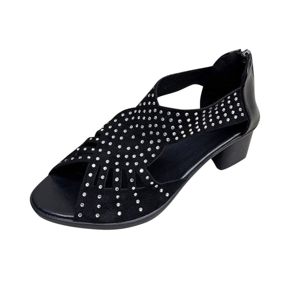 ShiShine Womens Low Block Heel Sandals Open Toe Rhinestone Embellished Cut Out Dress Sandals Back Zip Casual Party Shoes