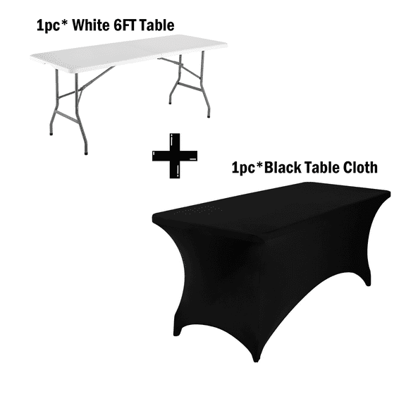 6FT Folding Table with Black Tablecloth, Heavy-Duty Plastic Table with Metal Legs, Portable for Indoor/Outdoor Events, Parties, Picnics