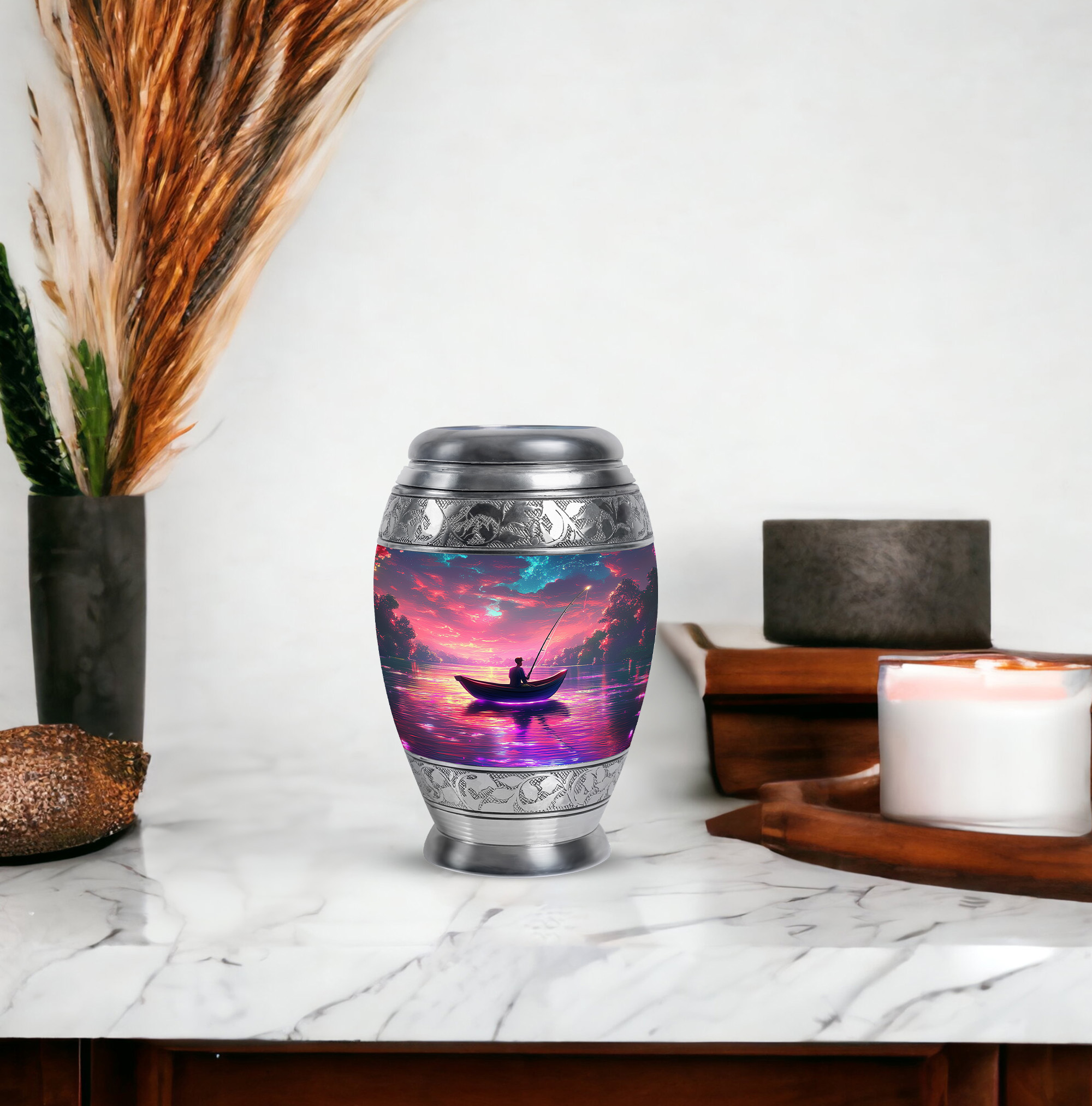 JAGASY Fishing Mini Urn for Girl - Pink Small Urn for Ashes Adult Male - Sunset Water Boat Decorative Memorial Urns - Keepsake Cremation Urns for Friends - (3 Inch)