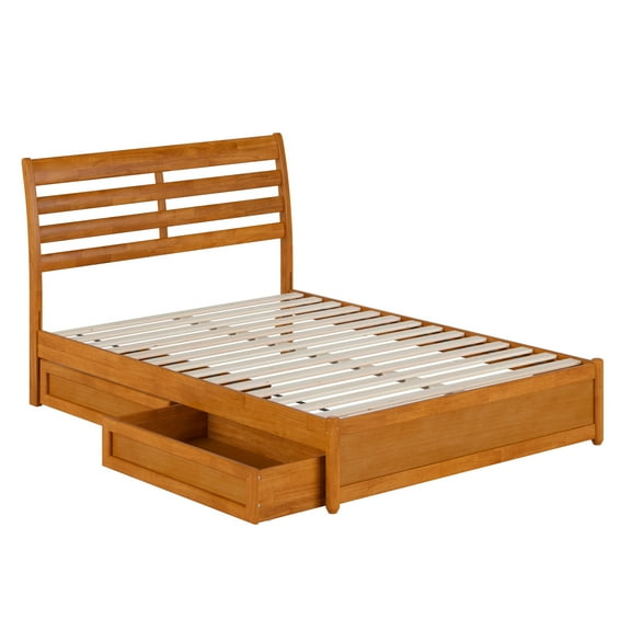 Emelie Full Wood Platform Bed with Panel Footboard & Drawers in Light Toffee
