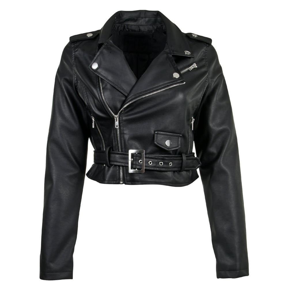 Fashion2love - Women's Juniors Fashionable Cropped Faux Leather Moto ...