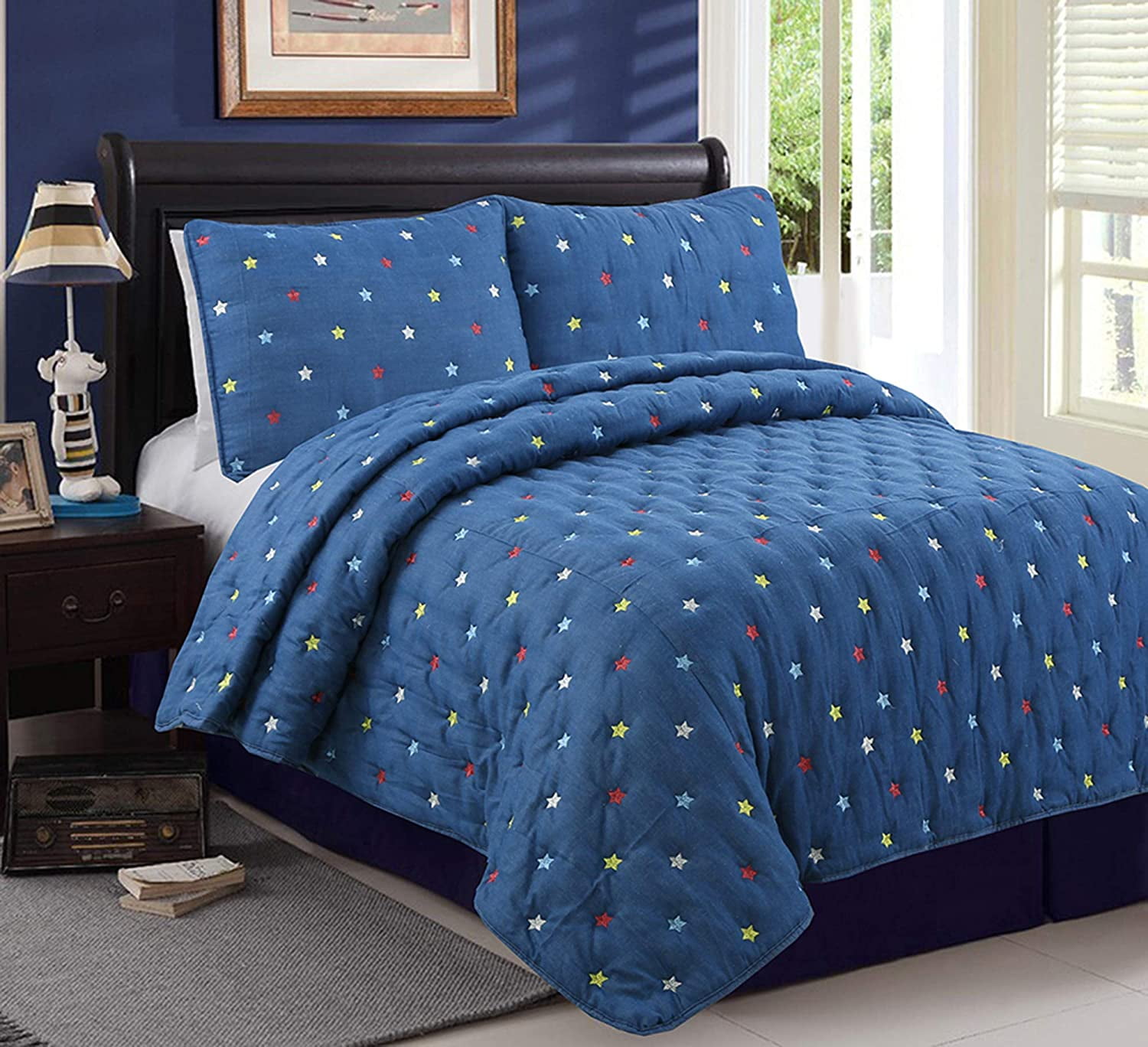 Cozy Line Stars Soft Comforter Set, Navy Blue Colorful Star Bedding Set ...