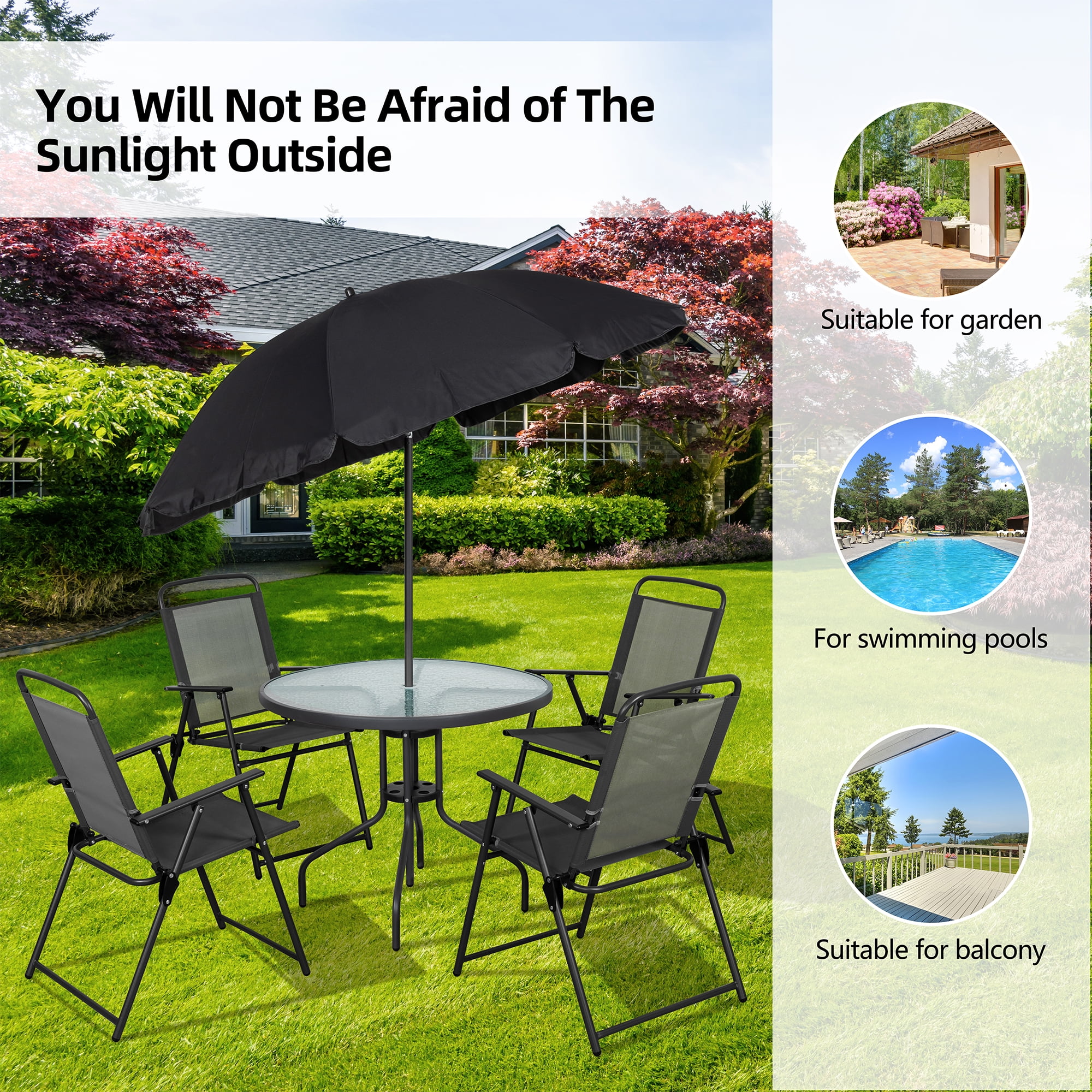 Walsunny Patio Dining Set with Umbrella, 6 Pieces, Black, Includes Tempered  Glass Table and 4 Folding Chairs - Walmart.com