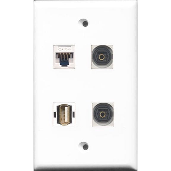 RiteAV 1 Port USB A-A 2 Port Toslink and 1 Port Cat5e Ethernet White Wall Plate