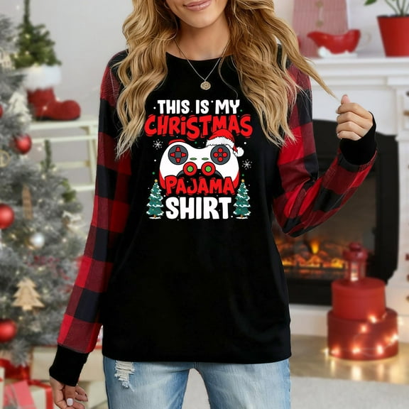 Women's Christmas Long Sleeve Top, Plaid Sleeve "This Is My Christmas Pajama Shirt Gamer Controller" Festive Graphic Sweatshirt