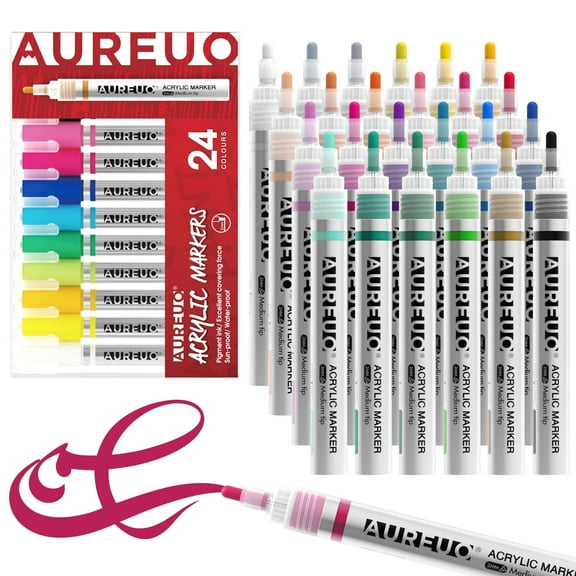 AUREUO Acrylic Paint Markers, 24 Colors Water-Based Paint Pens, 2mm Medium Tip for Rock Painting, Wood, Glass, Ceramic, Fabric, DIY Crafts, Quick-Drying & Waterproof