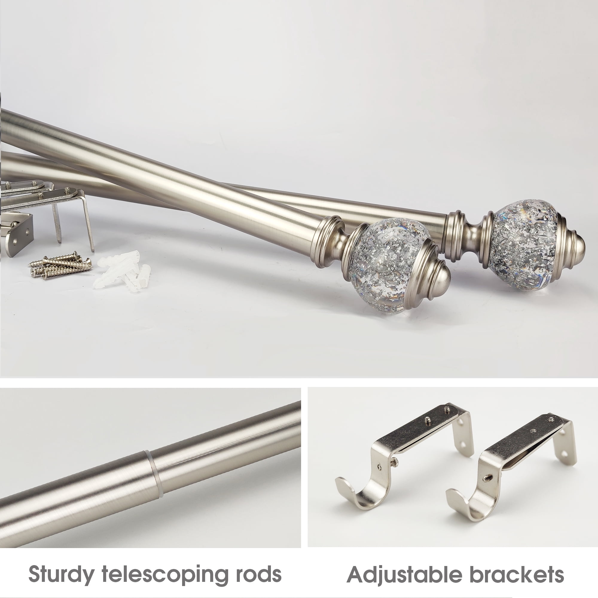 SKYPLUS LIVING 1-1/8 inch Single Window Curtain Rod with Foiled Finials Set, Adjustable 72-144 in,Silver