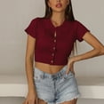 thumbnail image 4 of Women Short Sleeve Turn Down Collar T Shirt Slim Fit Pure Color Button Up Rib Knit Short Top for Dating Burgundy S, 4 of 8