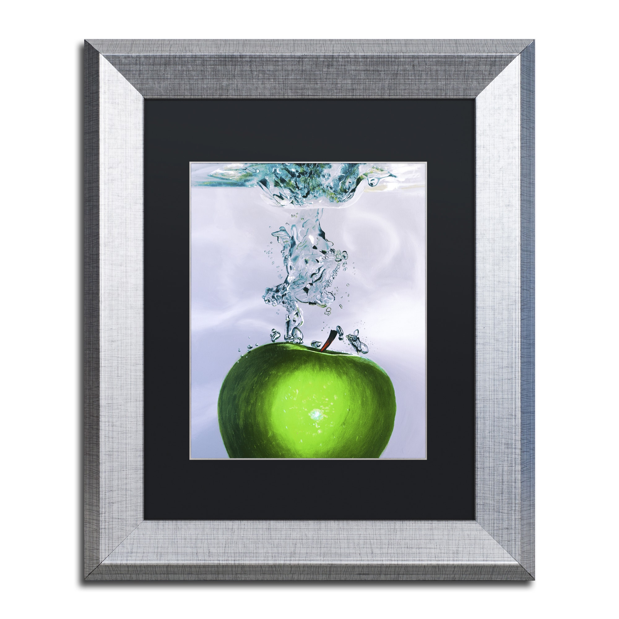 Trademark Fine Art "Apple Splash II" Canvas Art by Roderick Stevens Black Matte, Silver Frame