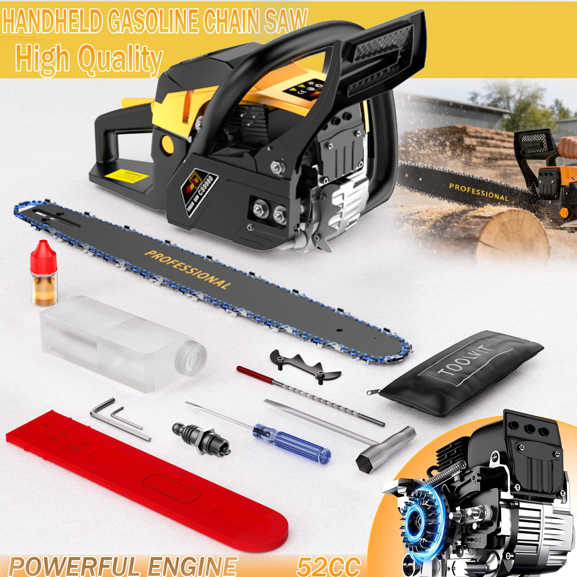 DGB Gas Powered Professional Chainsaw, Wood Cutting Chainsaw for Tree Trimming, Firewood, Land Clearing, Yard & Farm Maintenance, Heavy Duty Outdoor Power Tool