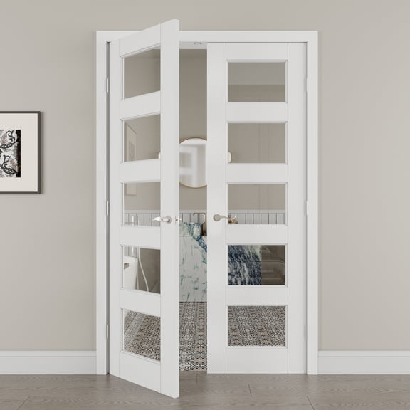 48" x 80" 5 Panel Clear Glass Double Doors with French Door Ready-to-Assemble Jamb, Solid Door, Silver Levers & Hinges, Interior Door, Pre-finished & Paintable, White