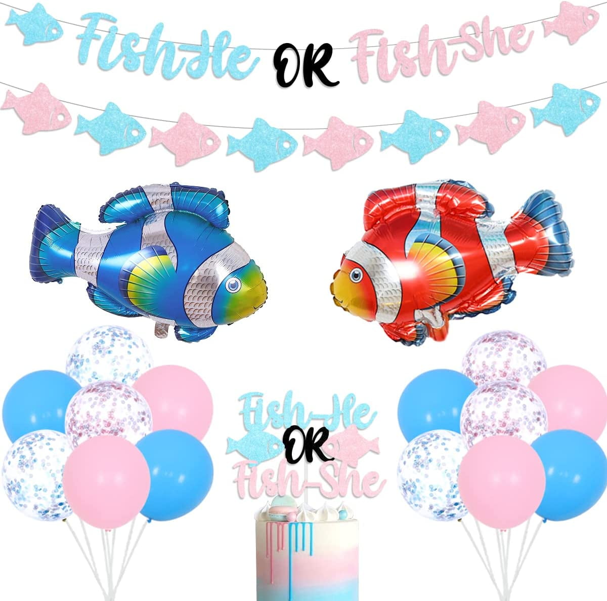 Fish Gender Reveal Decoration Boys or Girls Fish-He or Fish-She Gender  Reveal Party Supplies Pink Blue Gender Reveal Banner Cake Topper Balloons  Decor