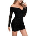 thumbnail image 3 of Oksale Sparkly Sequin Mini Dresses for Women off the Shoulder Sexy Deep V Neck Dress Slim Fit Mesh Dresses Soft Long Sleeve Dress for Party Black M, 3 of 9